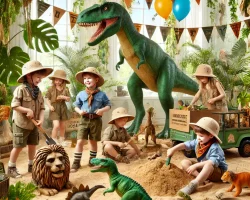 DALL·E 2024-12-05 15.58.45 - A lively and adventurous children's party with a jungle and dinosaur theme. The scene features children dressed as explorers with safari hats, digging