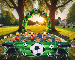 DALL·E 2024-12-18 16.29.14 - A centered view of a city park with lush green grass, many trees, and a sunset in the background, hosting a European football-themed birthday celebrat