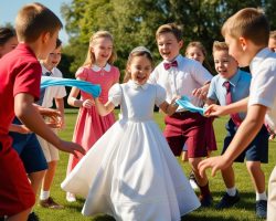 Una sola niña vestida de primera comunión jugando con más niños al aire libre al juego del pañuelito